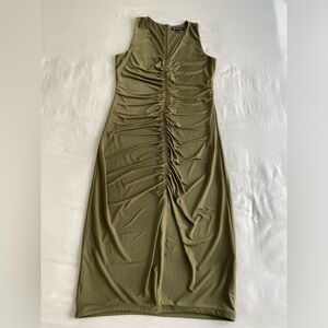 Ruched Olive Green V-Neck Midi Dress. Macy’s I.N.C. Size L